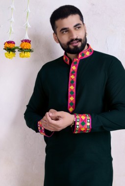 Green Rayon Embroidery Mirror Work Navratri Mens Kurta Pajama With Dupatta