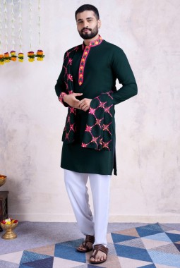 Green Rayon Embroidery Mirror Work Navratri Mens Kurta Pajama With Dupatta