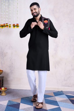 Black Rayon Real Mirror Embroidered Navratri Mens Kurta Pajama