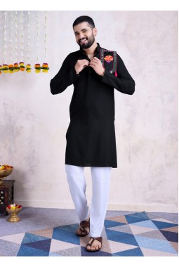 Black Rayon Real Mirror Embroidered Navratri Mens Kurta Pajama