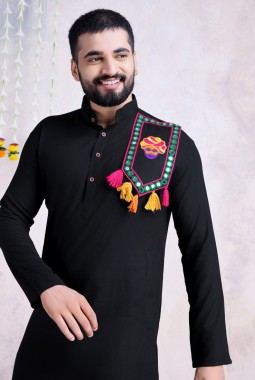 Black Rayon Real Mirror Embroidered Navratri Mens Kurta Pajama