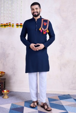 Navy Rayon Real Mirror Work Navratri Mens Kurta Pajama