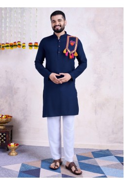 Navy Rayon Real Mirror Work Navratri Mens Kurta Pajama