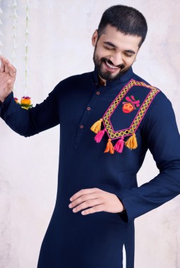 Navy Rayon Real Mirror Work Navratri Mens Kurta Pajama