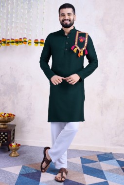Green Rayon Real Mirror Embroidered Navratri Mens Kurta Pajama