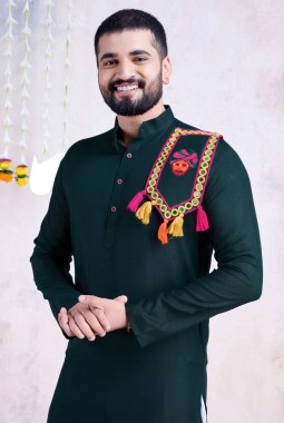 Green Rayon Real Mirror Embroidered Navratri Mens Kurta Pajama