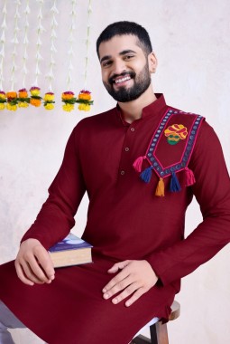 Maroon Rayon Embroidered Navratri Mens Kurta Pajama