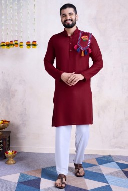 Maroon Rayon Embroidered Navratri Mens Kurta Pajama