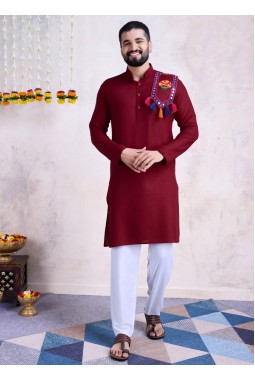 Maroon Rayon Embroidered Navratri Mens Kurta Pajama