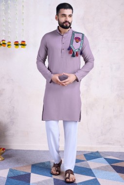 Dusty Purple Rayon Real Mirror Embroidered Navratri Mens Kurta Pajama