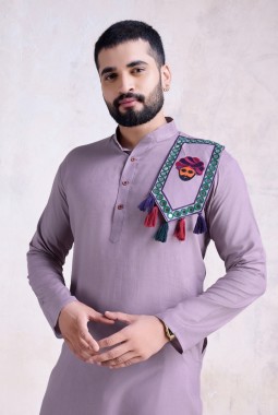 Dusty Purple Rayon Real Mirror Embroidered Navratri Mens Kurta Pajama