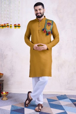 Yellow Rayon Real Mirror Work Navratri Mens Kurta Pajama