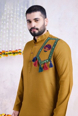Yellow Rayon Real Mirror Work Navratri Mens Kurta Pajama