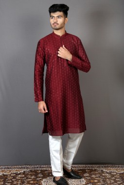Maroon Art Silk Party Kurta Pajama