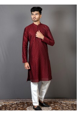 Maroon Art Silk Party Kurta Pajama