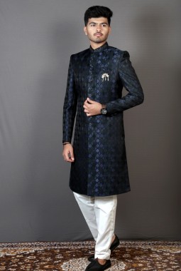 Navy Blue Jacquard Silk Wedding Indo-Western