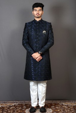 Navy Blue Jacquard Silk Wedding Indo-Western