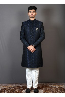 Navy Blue Jacquard Silk Wedding Indo-Western
