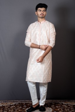 Peach Art Silk Designer Kurta Pajama