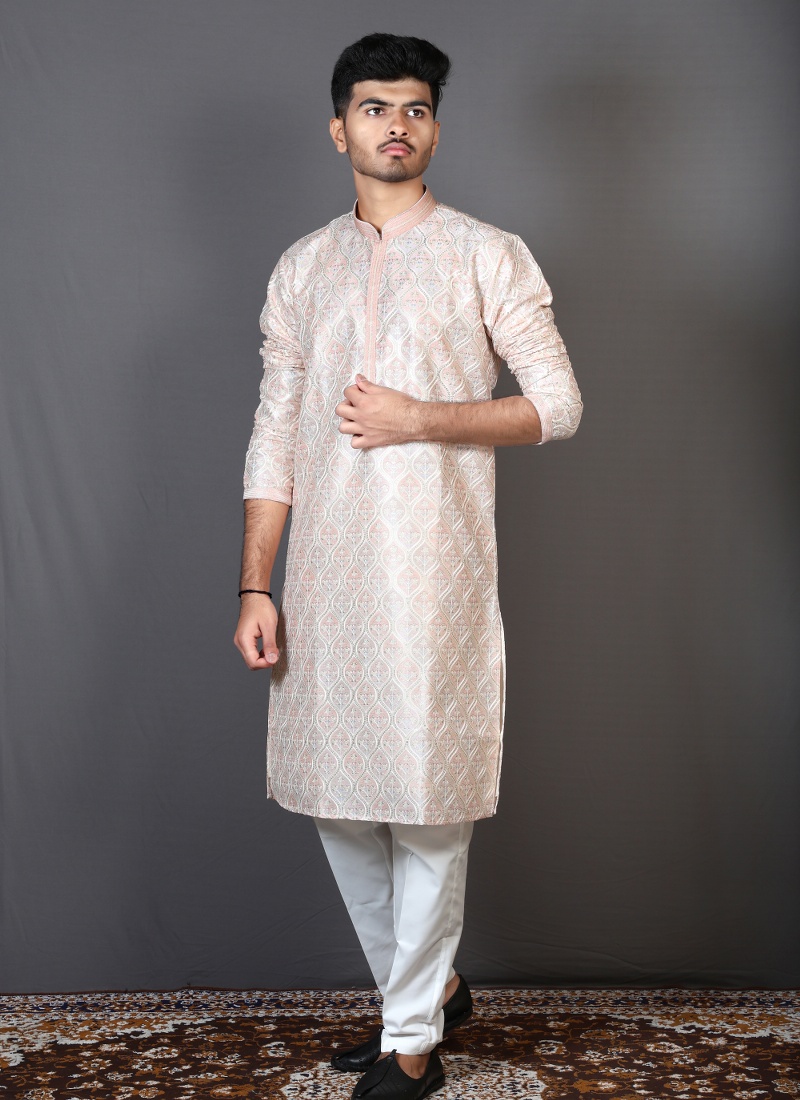 Peach Art Silk Designer Kurta Pajama Peach Art Silk Designer Kurta Pajama