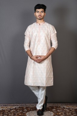 Peach Art Silk Designer Kurta Pajama