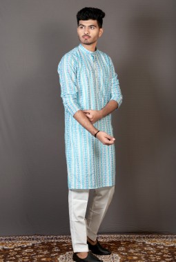 Sky Blue Lakhnavi Embroidered Festival Kurta