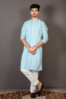 Sky Blue Lakhnavi Embroidered Festival Kurta