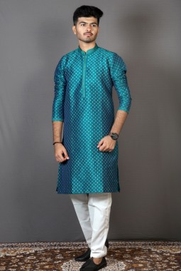 Teal Art Silk Indian Party Kurta Pajama