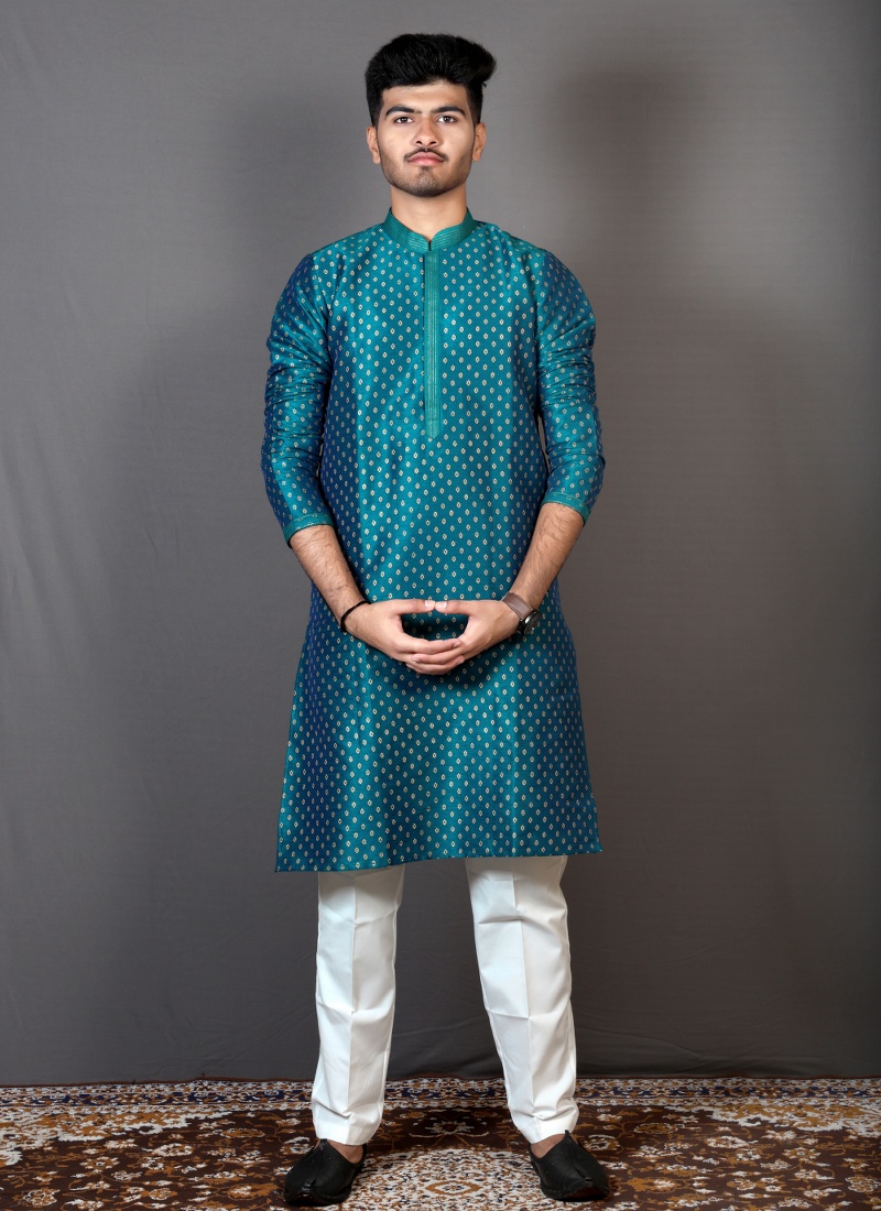 Teal Art Silk Indian Party Kurta Pajama Teal Art Silk Indian Party Kurta Pajama