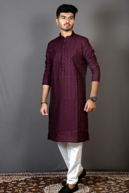 Wine Art Silk Mens Kurta Pajama