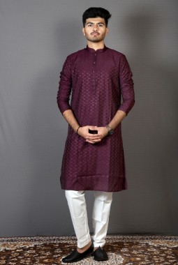 Wine Art Silk Mens Kurta Pajama