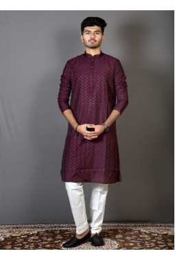 Wine Art Silk Mens Kurta Pajama