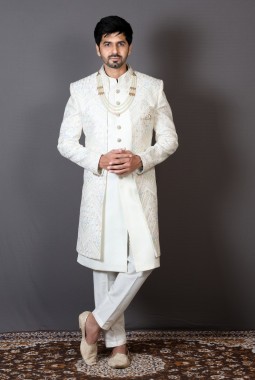 Cream Art Silk Embroidered Wedding Indo-Western