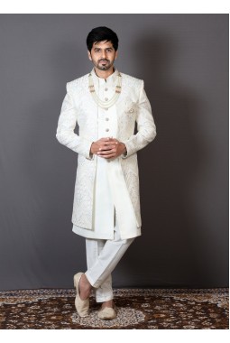 Cream Art Silk Embroidered Wedding Indo-Western