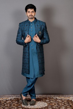 Teal Art Silk Embroidered Wedding Indo-Western