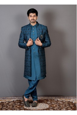 Teal Art Silk Embroidered Wedding Indo-Western