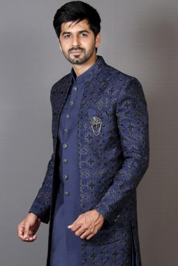 Navy Blue Art Silk Embroidered Wedding Indo-Western