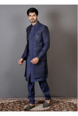 Navy Blue Art Silk Embroidered Wedding Indo-Western