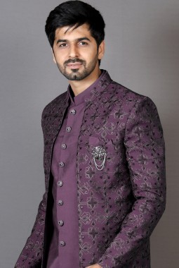 Navy Blue Art Silk Embroidered Wedding Indo-Western