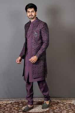 Navy Blue Art Silk Embroidered Wedding Indo-Western