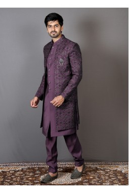 Navy Blue Art Silk Embroidered Wedding Indo-Western