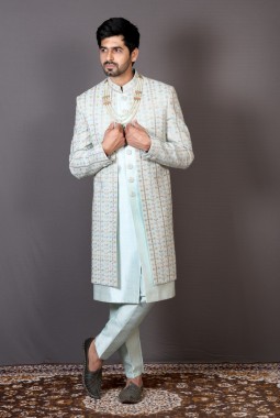 Light Sky Blue Georgette Embroidered Wedding Indo-Western