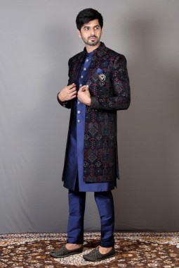 Royal Blue Velvet Embroidered Wedding Indo-Western