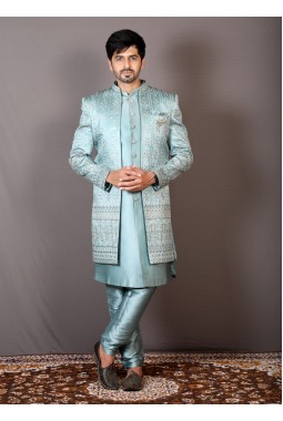 Grey Art Silk Embroidered Wedding Indo-Western