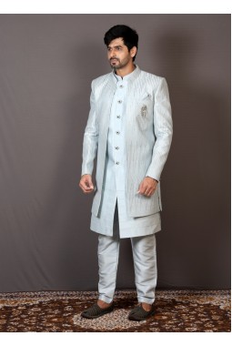 Sky Blue Art Silk Embroidered Wedding Indo-Western