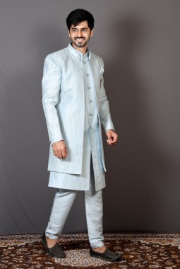 Sky Blue Art Silk Embroidered Wedding Indo-Western