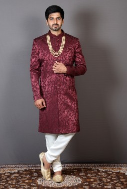 Maroon Jacquard Silk Embroidered Wedding Indo-Western
