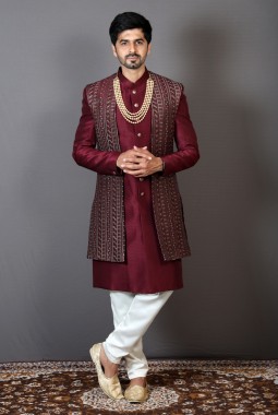 Maroon Art Silk Embroidered Wedding Indo-Western