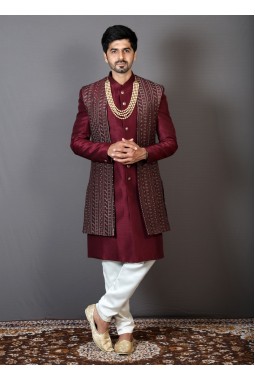 Maroon Art Silk Embroidered Wedding Indo-Western