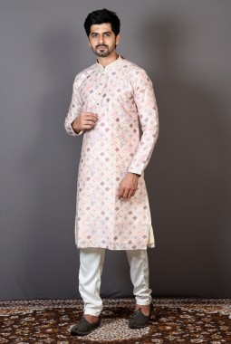 Cream Brocade Silk Printed Party Wear Kurta